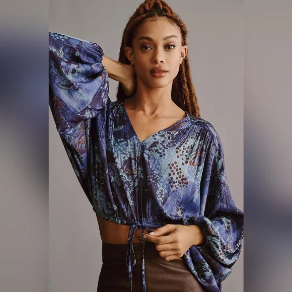 By Anthropologie Long-Sleeve Shine Cropped Blouse XL - Picture 1 of 8